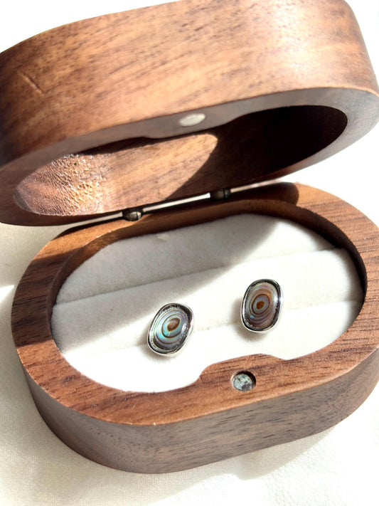 Elegant Mother-of-Pearl Studs with Black, Blue, Green Hues, and Spiral Pattern – Sterling Silver Wire