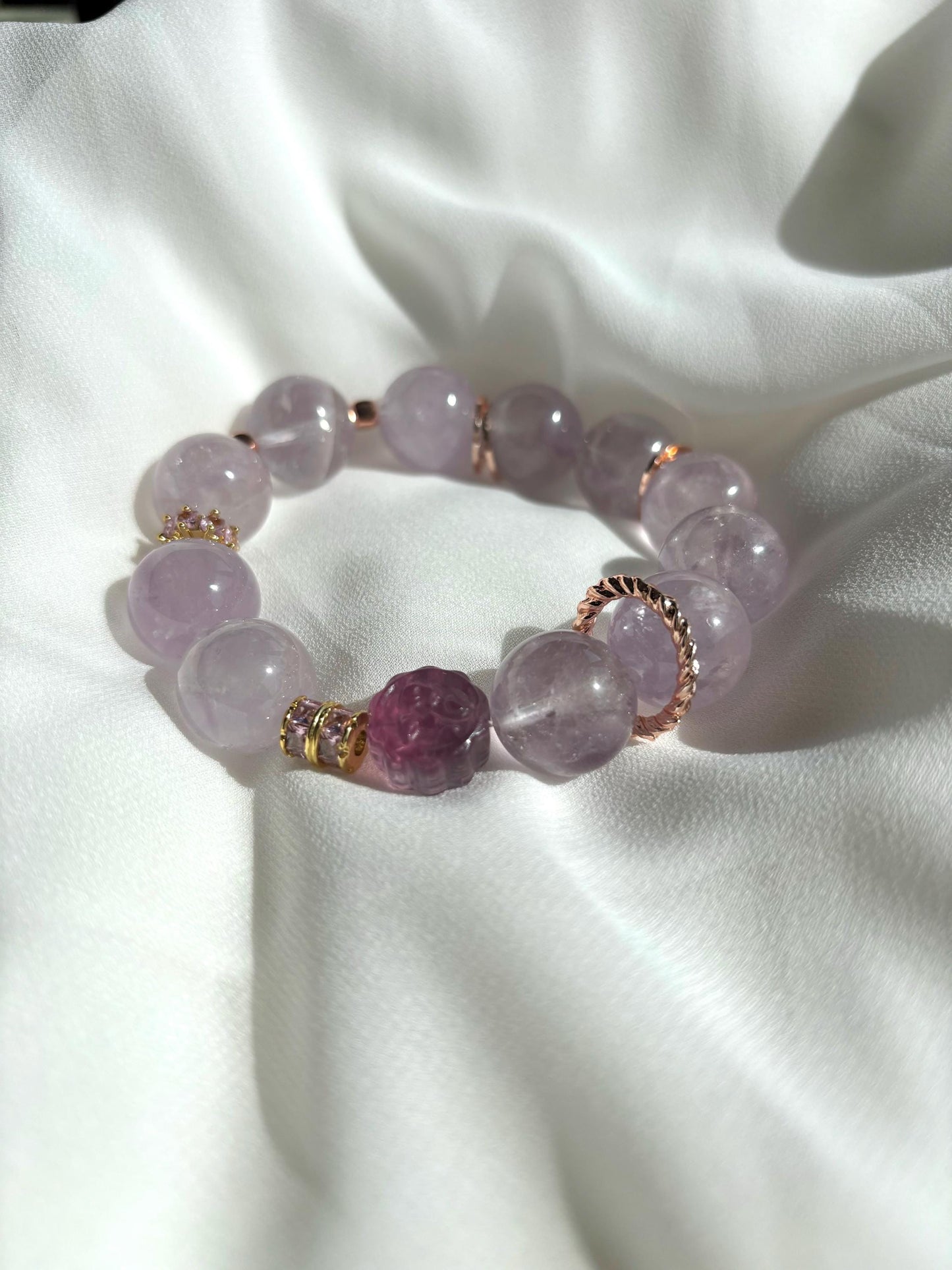 Pink City Amethyst and Flower-Shaped Fluorite Bracelet.