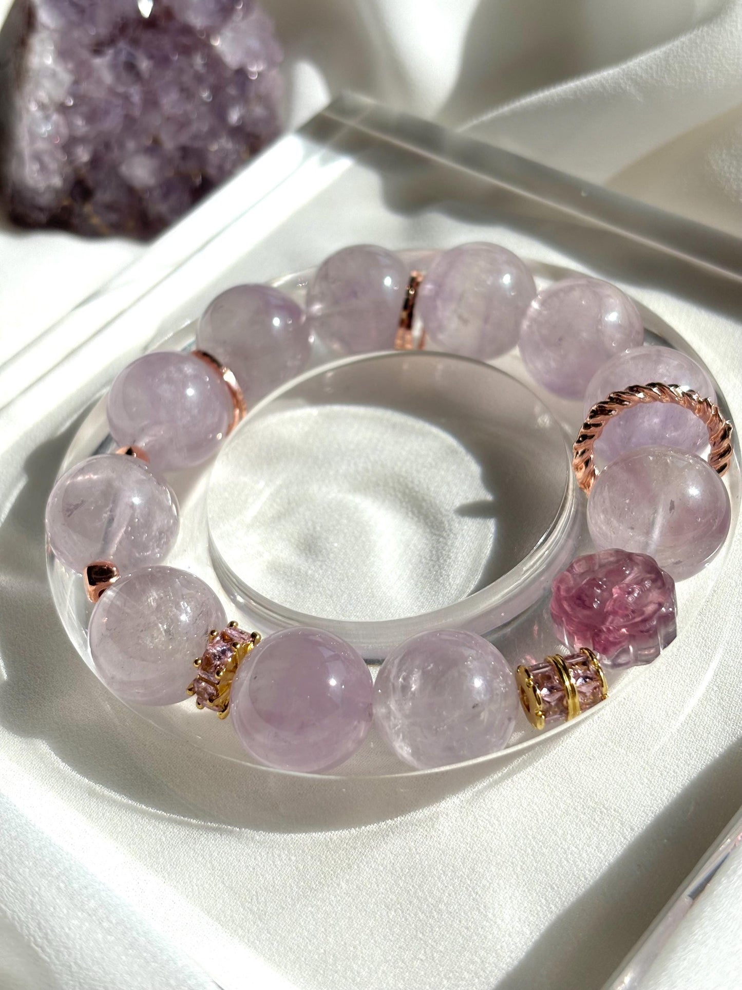 Pink City Amethyst and Flower-Shaped Fluorite Bracelet.