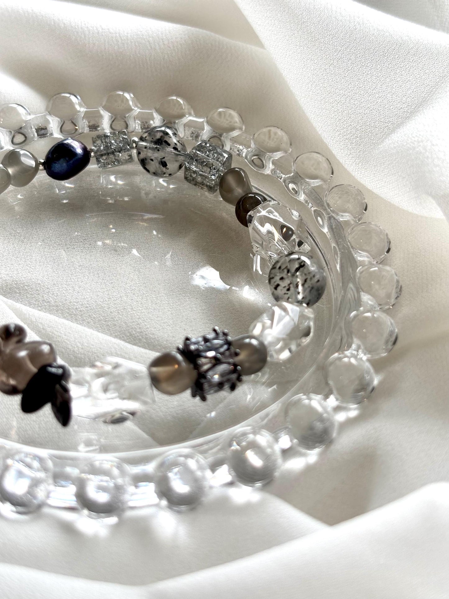 Ethereal Shadows Bracelet – Natural Grey Moonstone, Clear Quartz, Black Pearl, Biotite and Smoky Quartz