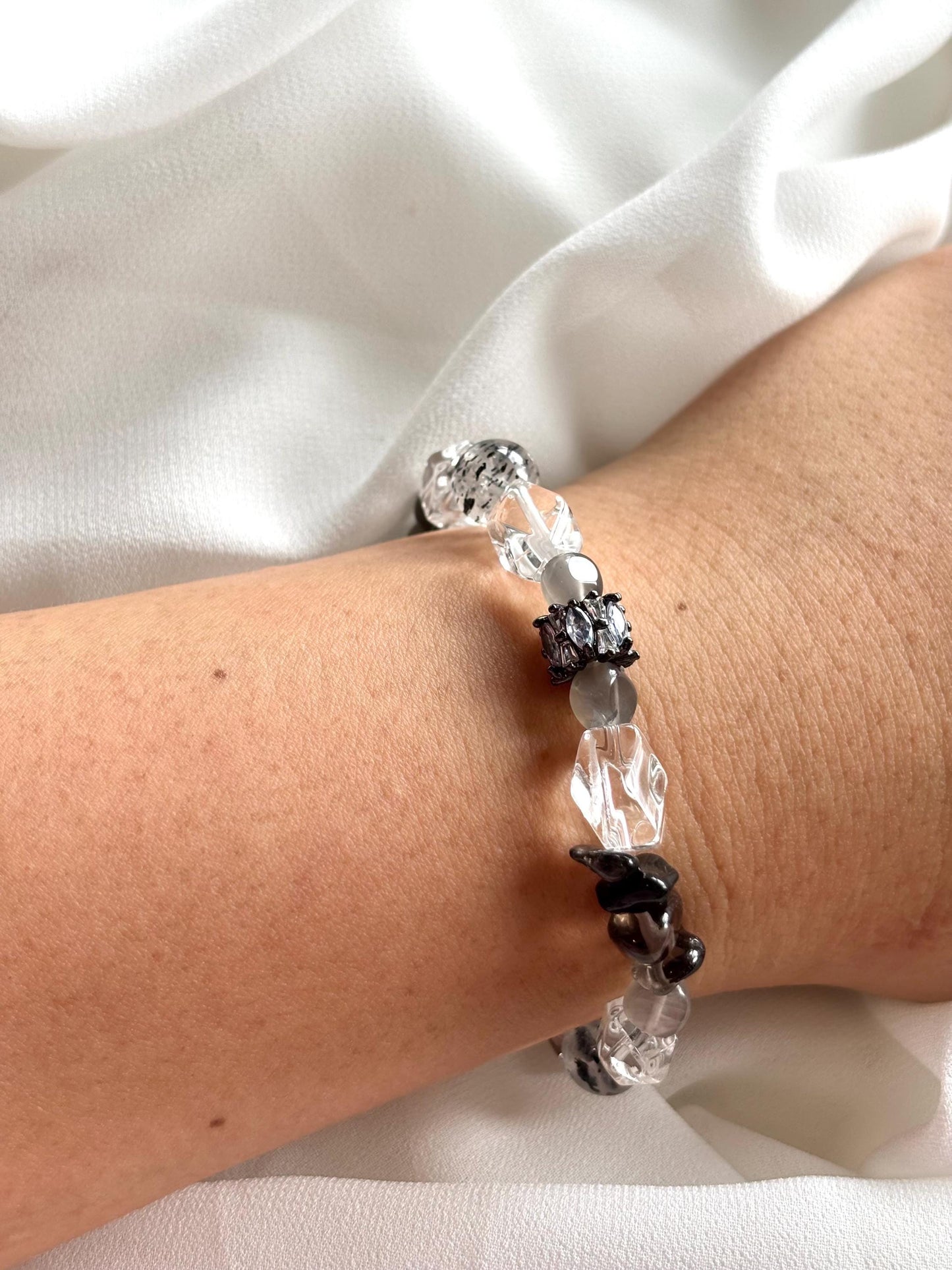Ethereal Shadows Bracelet – Natural Grey Moonstone, Clear Quartz, Black Pearl, Biotite and Smoky Quartz
