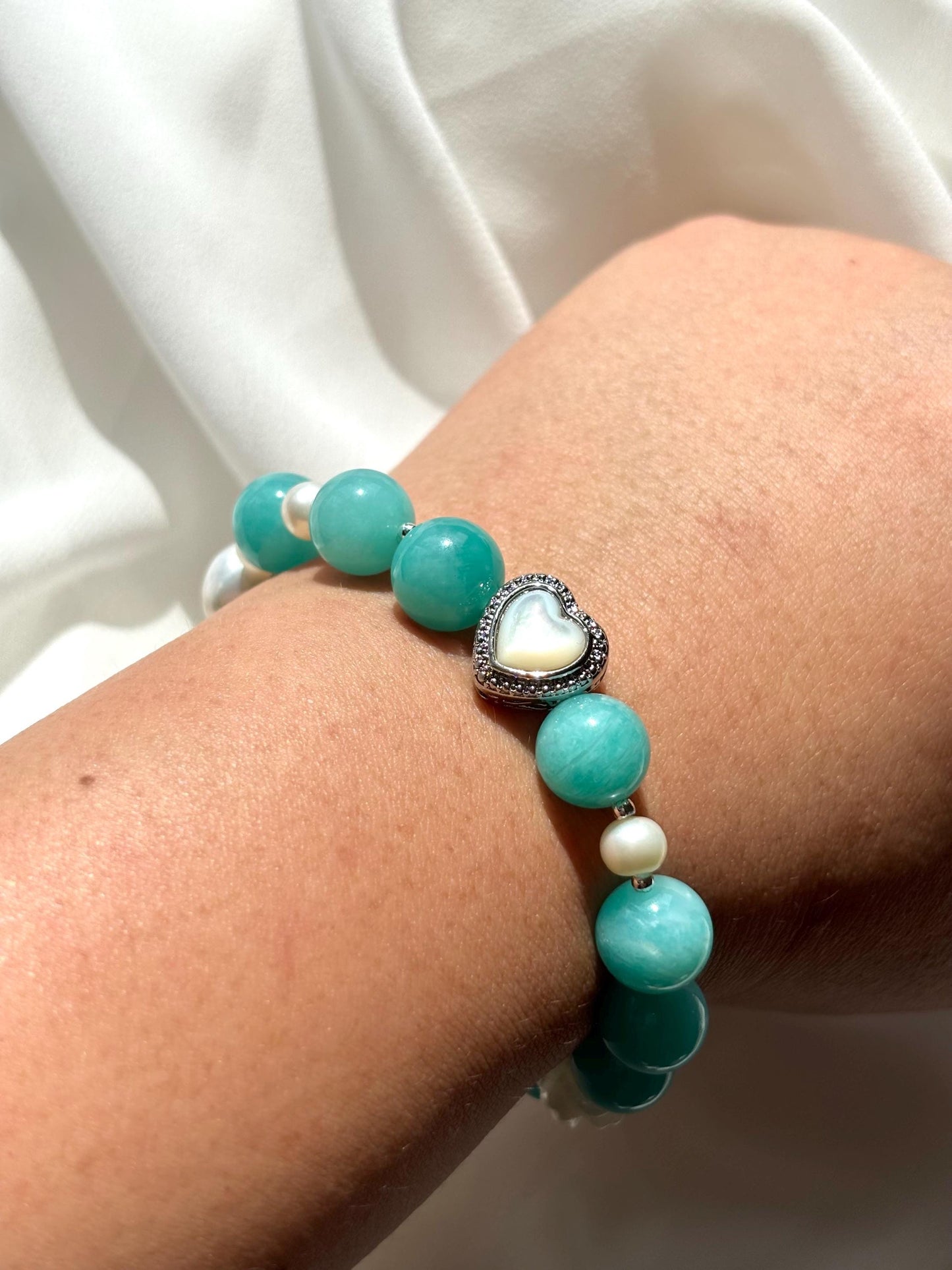 Heart of Serenity Amazonite and Pearl Bracelet.