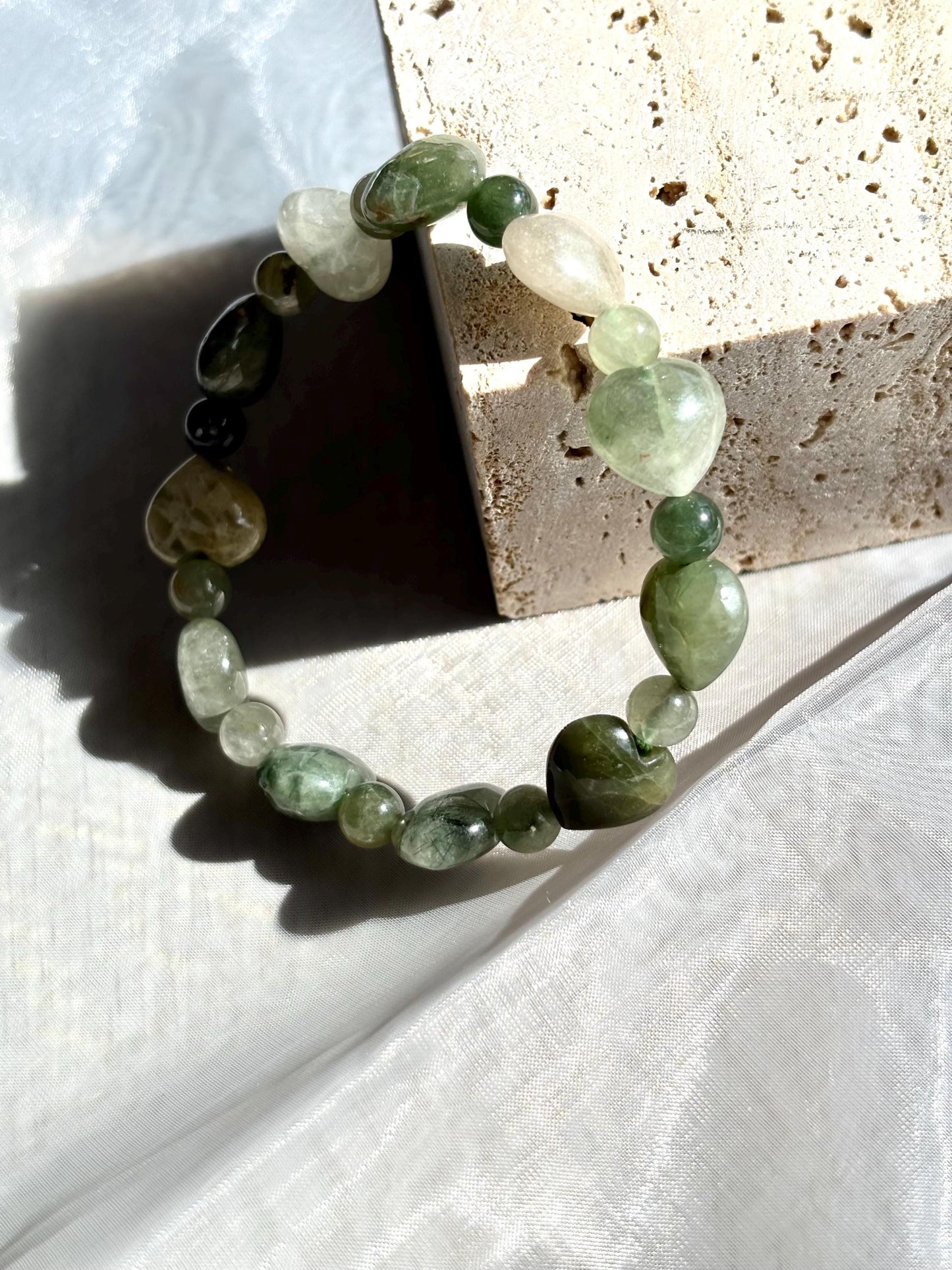 Crisp Light Forest Heart Green Rutilated Quartz Bracelet.