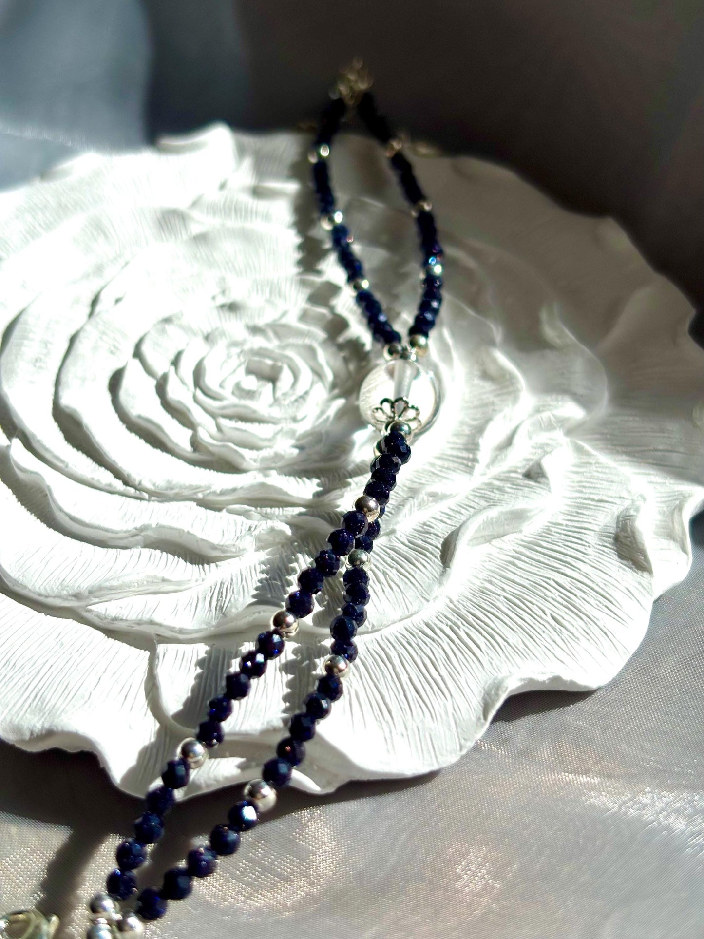 Starlit Elegance Blue Goldstone and Clear Quartz Bracelet.