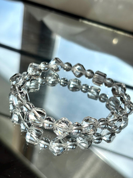 Clear Quartz Bracelet with Faceted Cube and Round Beads – High Clarity Crystal Jewelry
