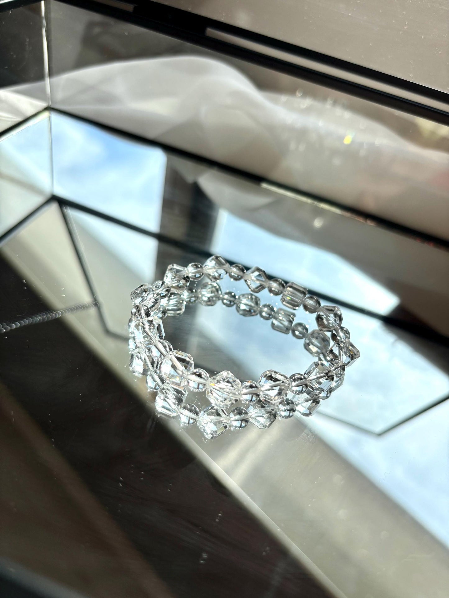 Clear Quartz Bracelet with Faceted Cube and Round Beads – High Clarity Crystal Jewelry
