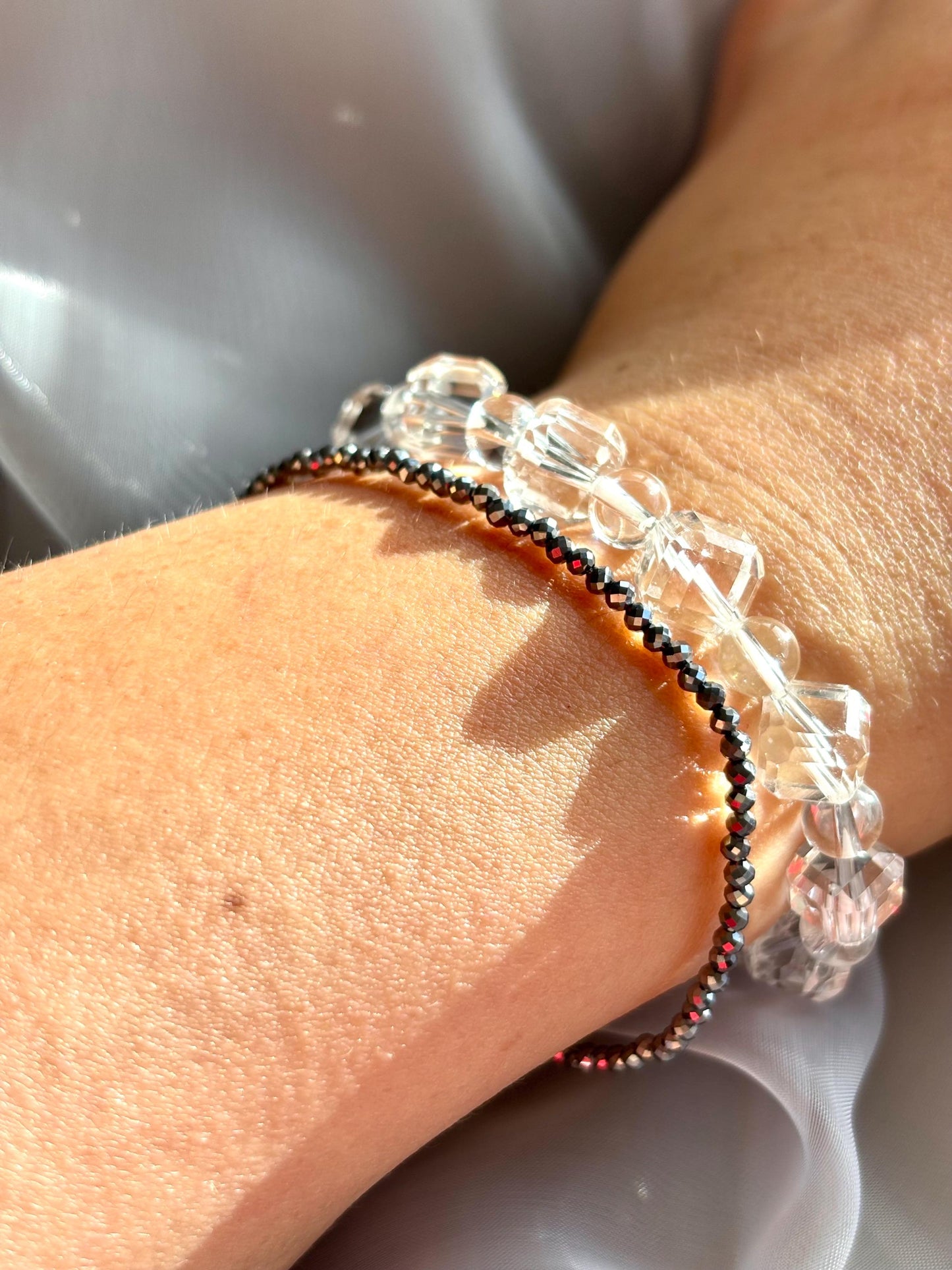 Clear Quartz Bracelet with Faceted Cube and Round Beads – High Clarity Crystal Jewelry