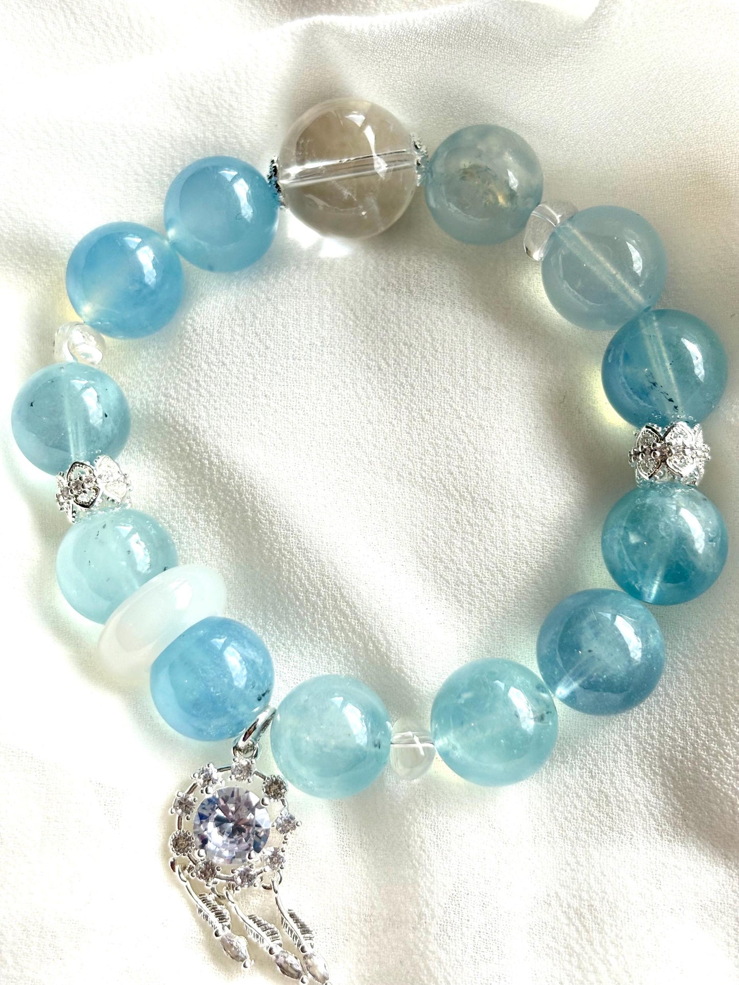 Sky Blue Aquamaire & Clear Quartz Bracelet with Dream Catcher Charm