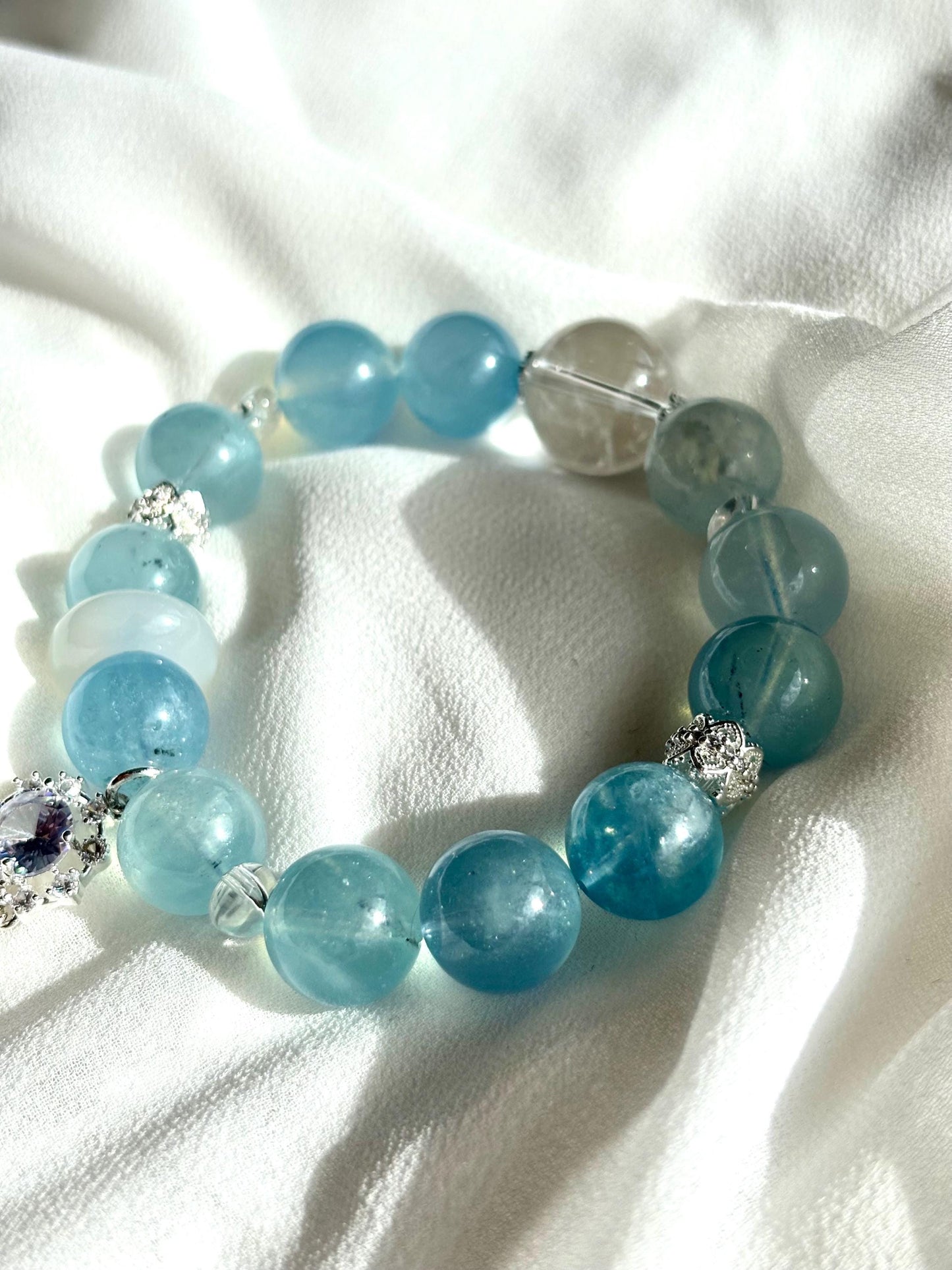 Sky Blue Aquamaire & Clear Quartz Bracelet with Dream Catcher Charm
