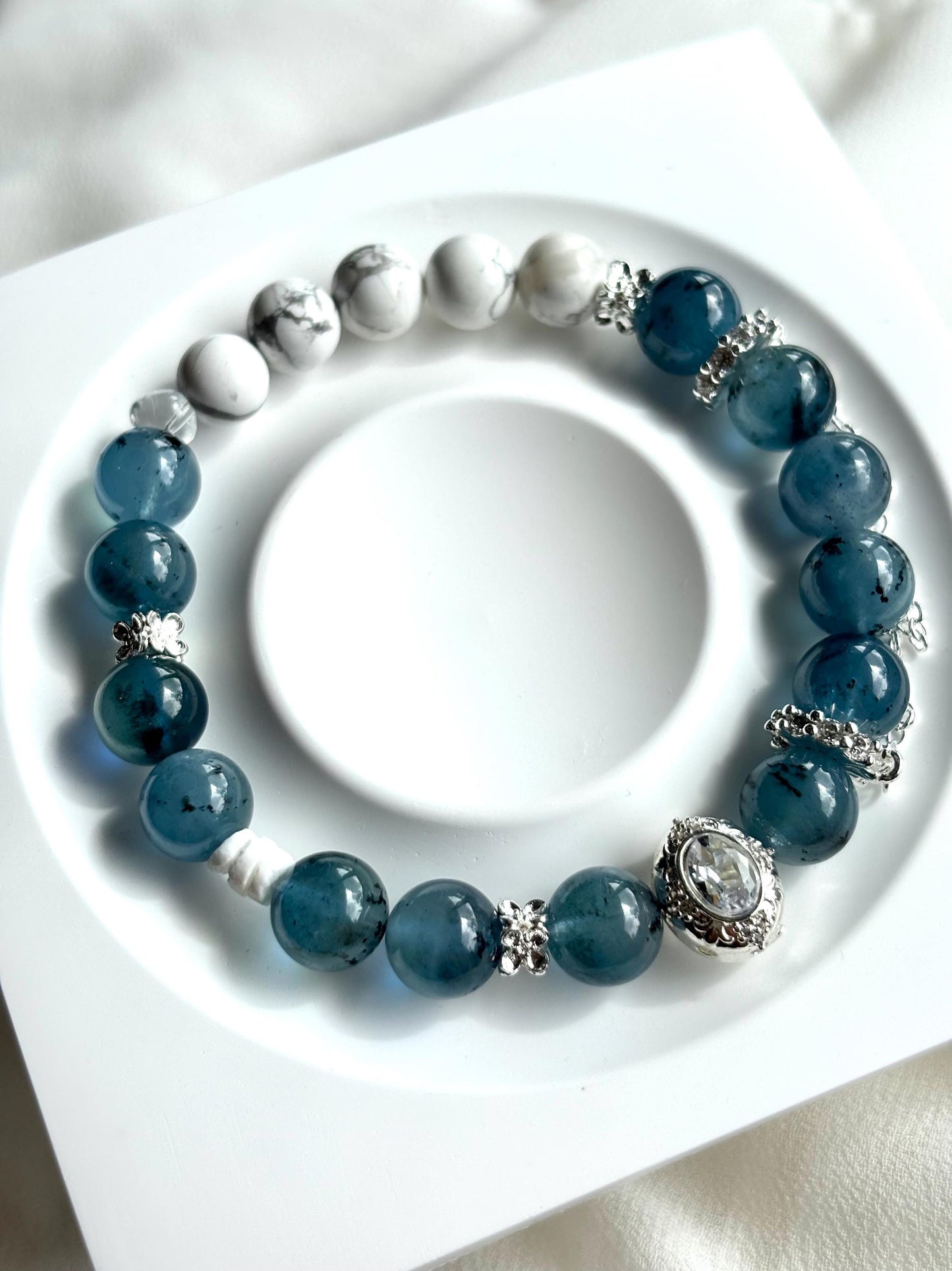 Ocean Dreams Bracelet – Navy Blue Aquamarine, Magnesite, Shell, and Aquamarine Charm