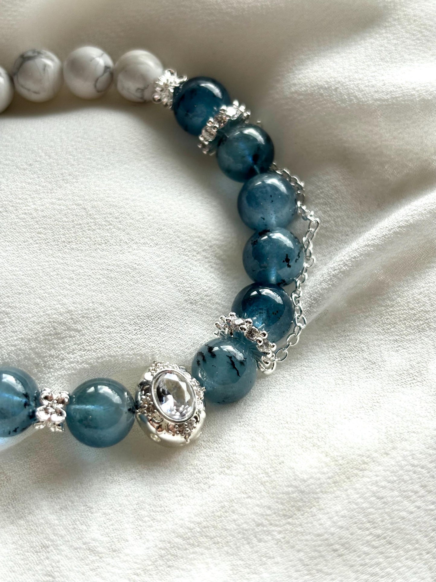 Ocean Dreams Bracelet – Navy Blue Aquamarine, Magnesite, Shell, and Aquamarine Charm