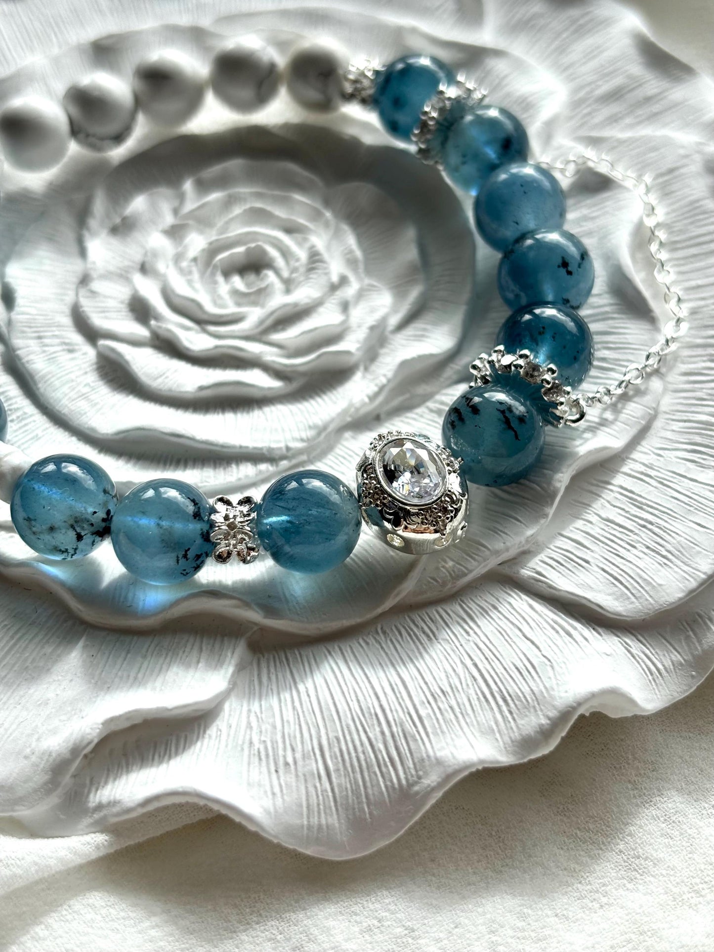 Ocean Dreams Bracelet – Navy Blue Aquamarine, Magnesite, Shell, and Aquamarine Charm