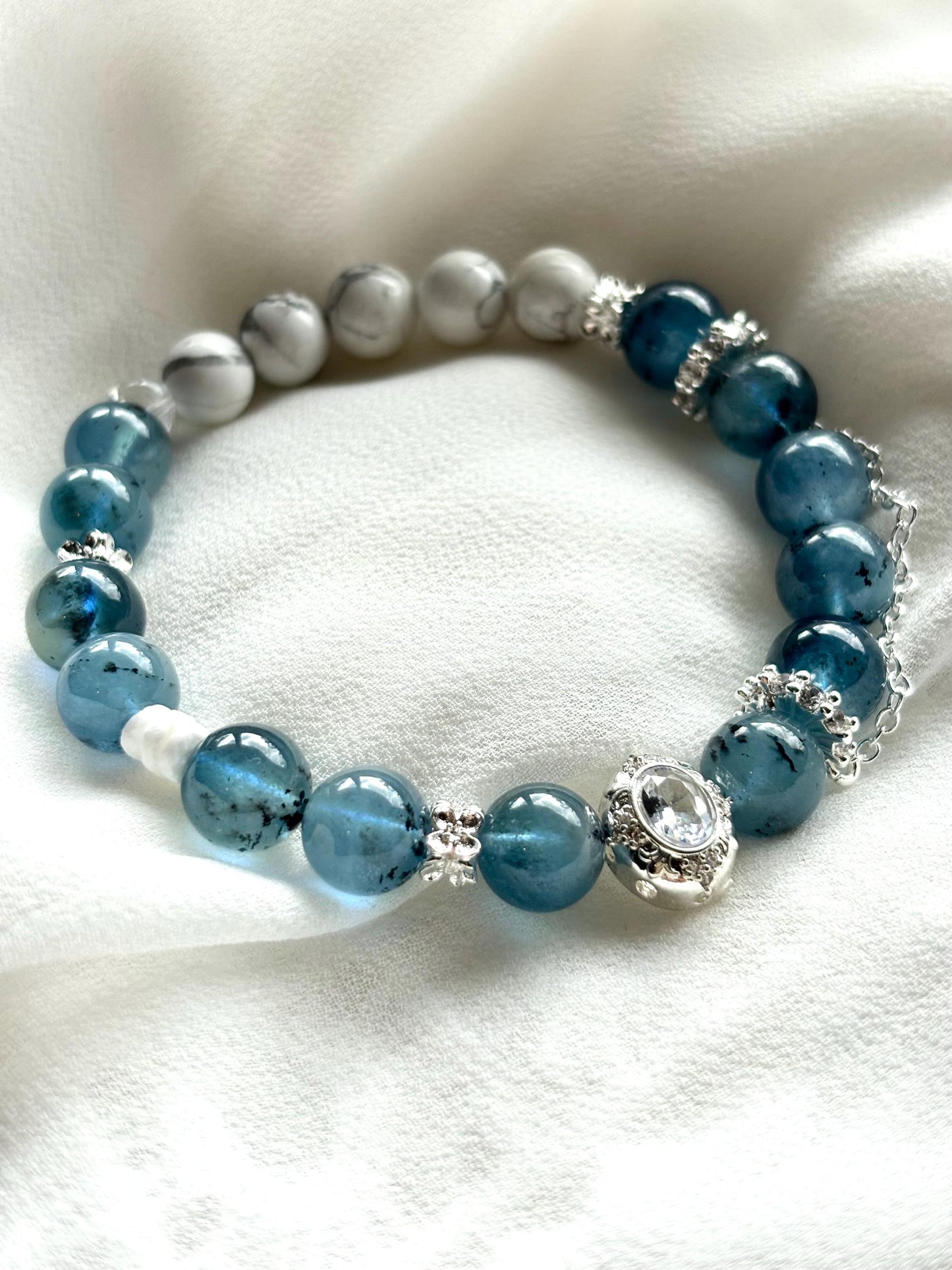 Ocean Dreams Bracelet – Navy Blue Aquamarine, Magnesite, Shell, and Aquamarine Charm