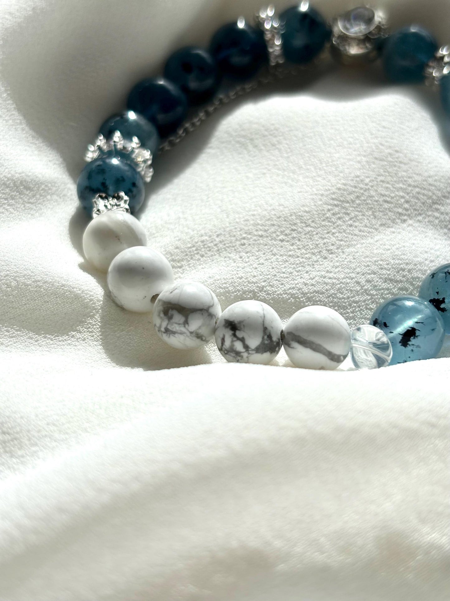 Ocean Dreams Bracelet – Navy Blue Aquamarine, Magnesite, Shell, and Aquamarine Charm