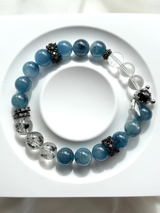 Aquamaire, Clear Quartz & Black Mica Bracelet with Gold Fish Charm – Handmade Silver Obsidian Gemstone Jewelry