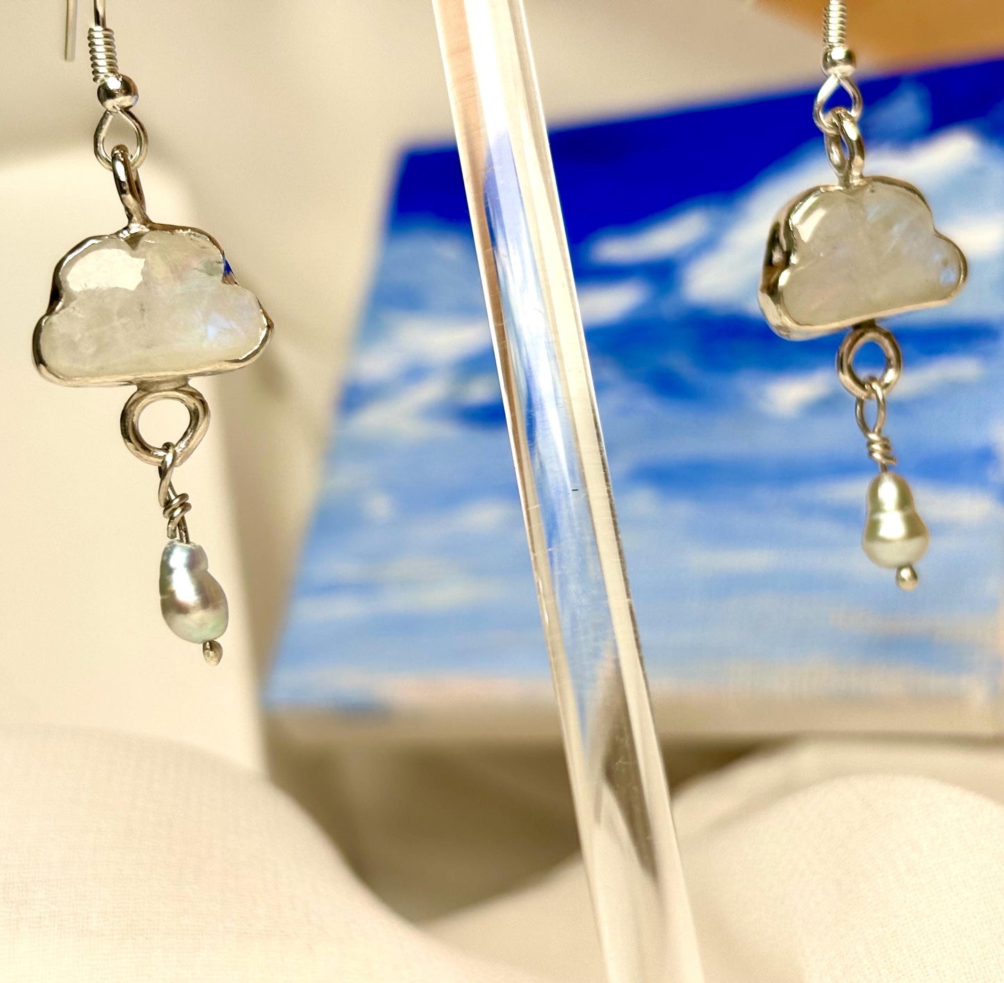 Sunny, Partly Cloudy, Chance of Shower Exquisite Moonstone Bluish Baroque Pearls Sterling Silver Earrings.