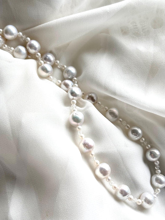 High-Quality Baroque Pearl and Natural Clear Quartz Necklace with Sterling Silver Clasp