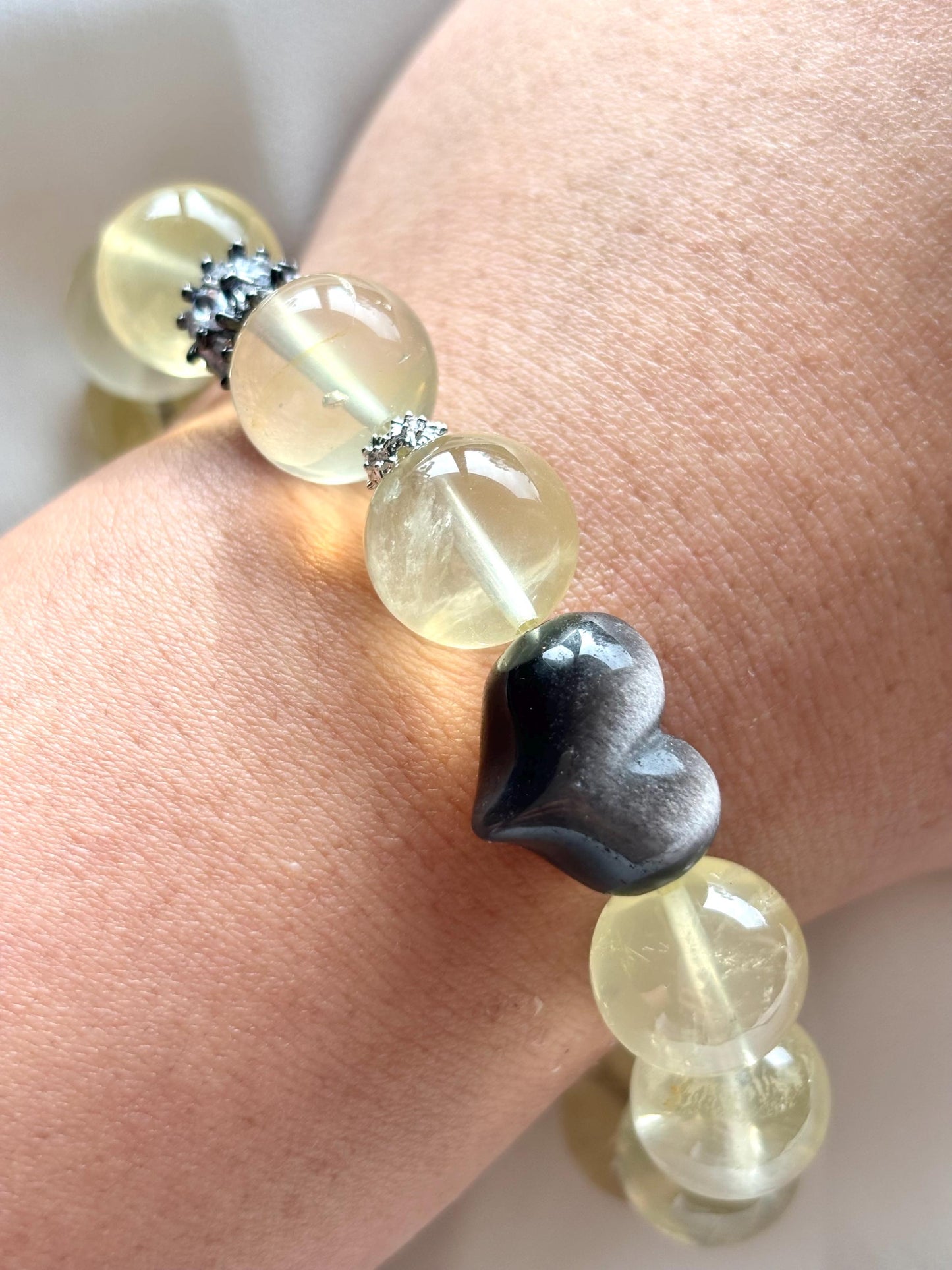 Lemon Quartz Labradorite Bracelet with Heart Shaped Silver Obsidian & Black Mother of Pearl