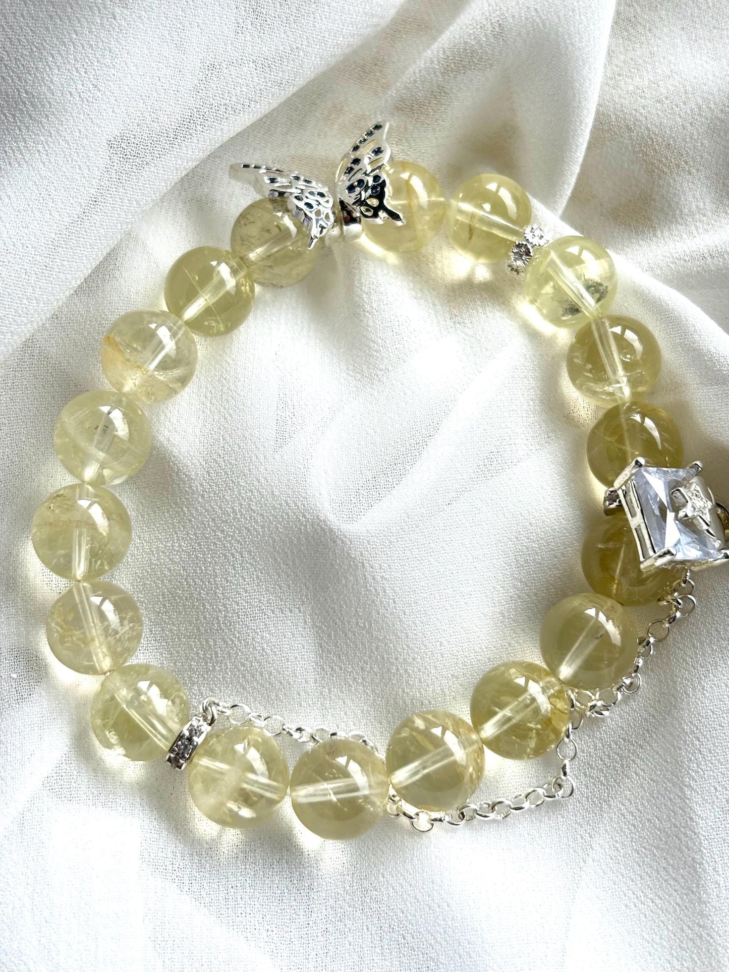 Lemon Quartz Butterfly Bracelet with Clear Letter Chain Charm - Feminine Jewelry
