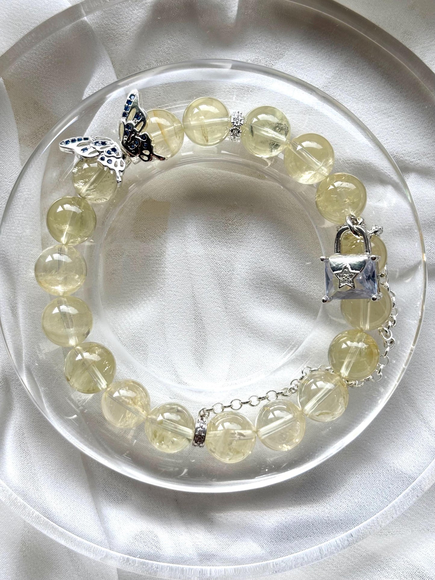 Lemon Quartz Butterfly Bracelet with Clear Letter Chain Charm - Feminine Jewelry