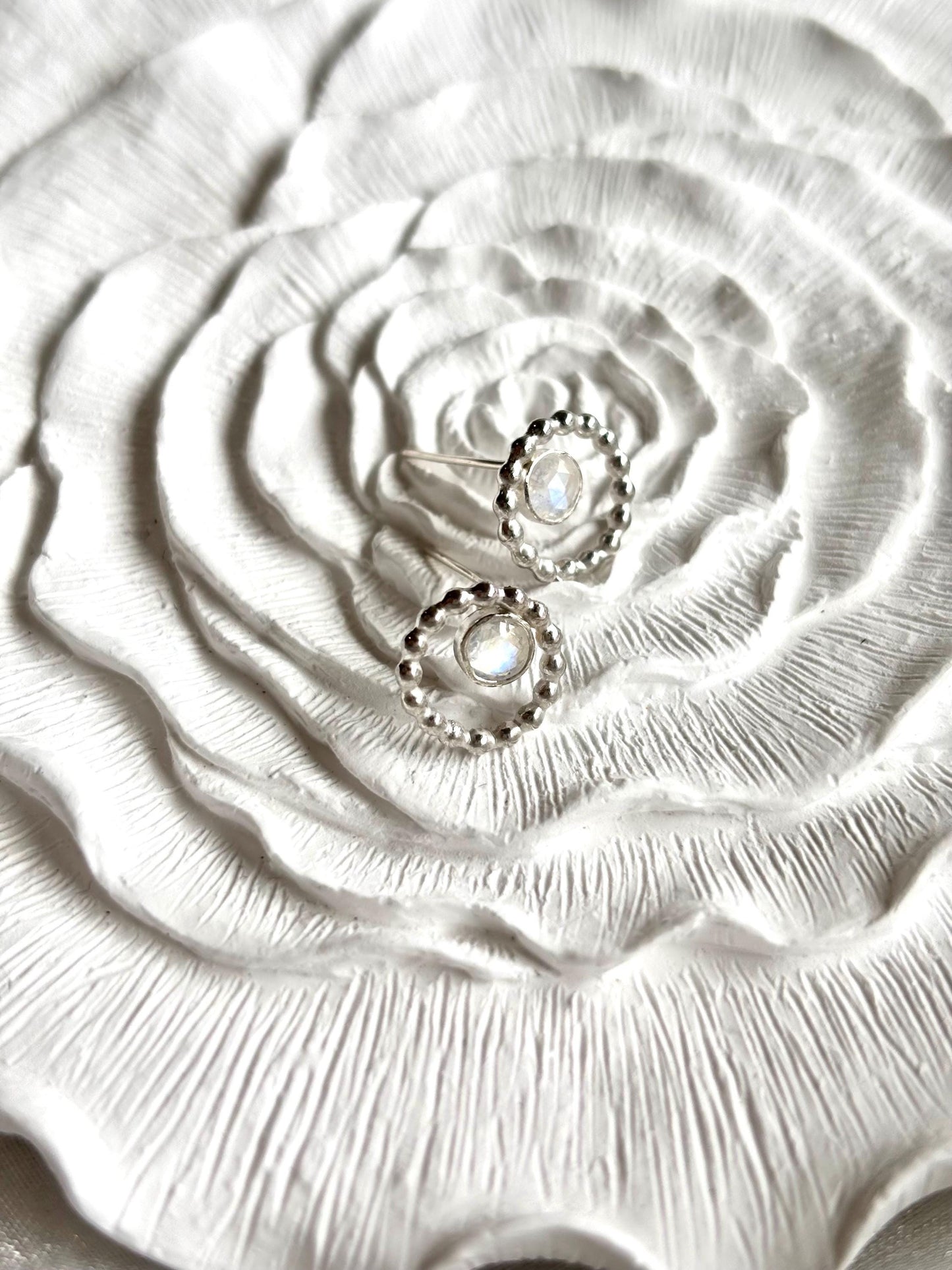 Beaded Frame Moonstone Stud Earrings in Sterling Silver 925 – June Birthstone