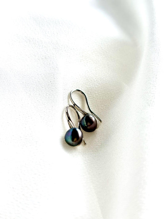 Tahiti Pearl Earrings – Dark Blue & Purple Brown Pearls with High Heel 925 Sterling Silver Ear Wires