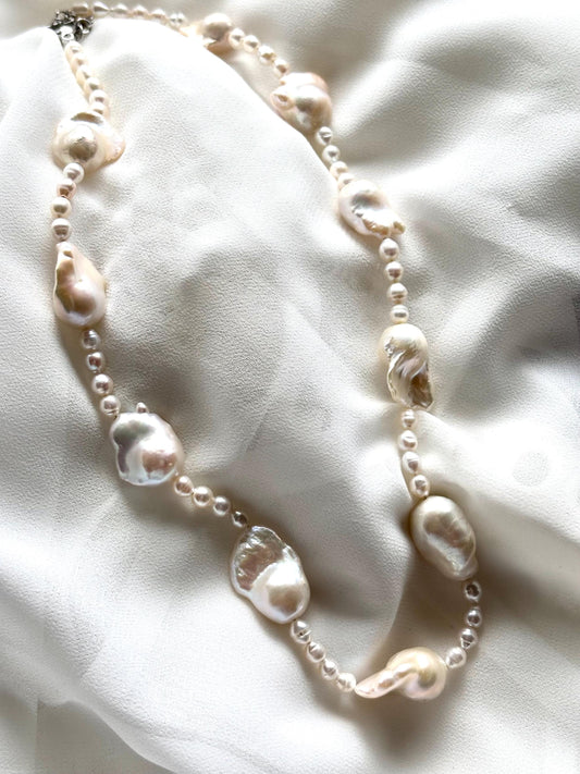 White Natural Baroque Pearl Necklace with Round Beads & 925 Sterling Silver Clasp (Luster AA+) Perfect imperfections.