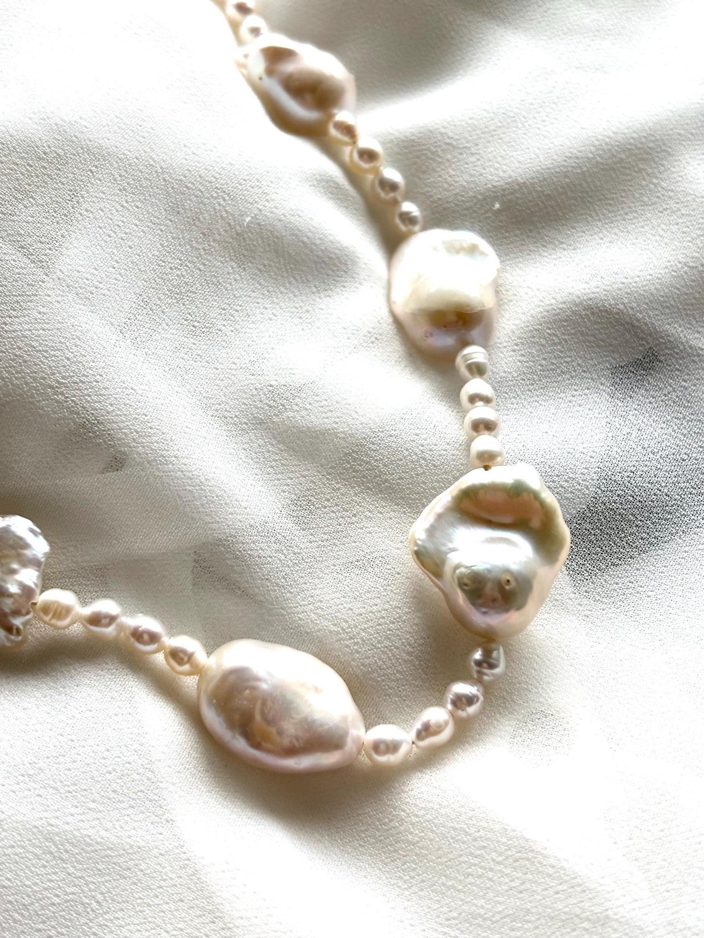 White Natural Baroque Pearl Necklace with Round Beads & 925 Sterling Silver Clasp (Luster AA+) Perfect imperfections.