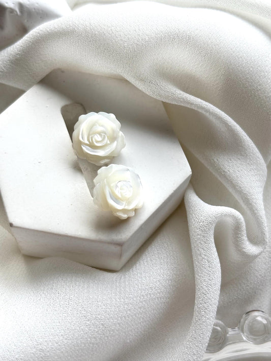 White Rose Stud Earrings – Mother of Pearl with Sterling Silver 925, Elegant Floral Jewelry