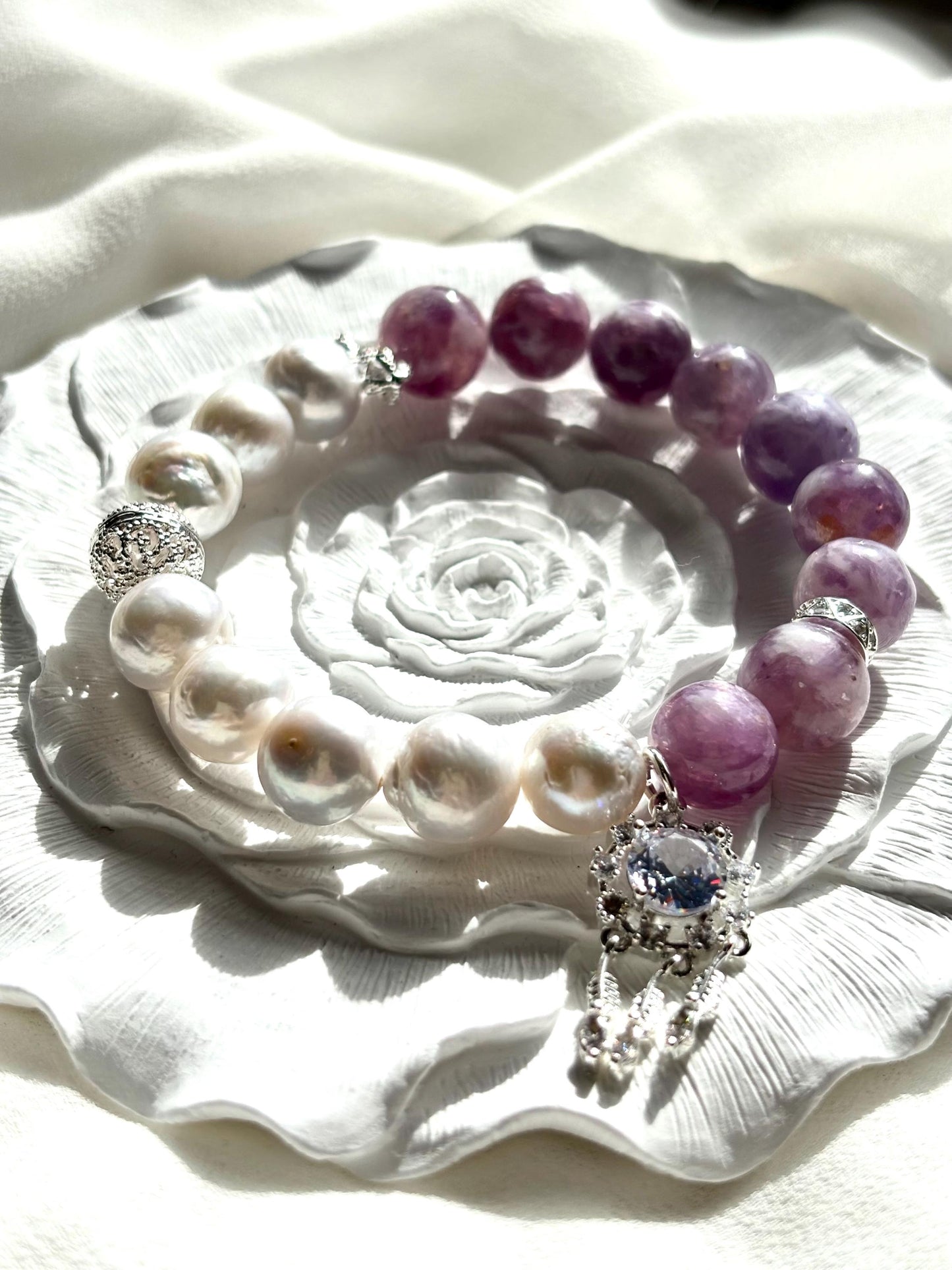 Elegant White Pearl & Milky Amethyst Bracelet with Dreamcatcher Sparkle Accents