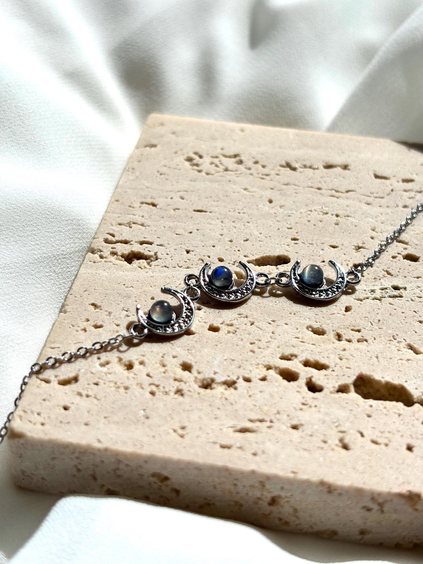 Celestial Moon and Sun Bracelet with 3 Labradorite Stones – Blue and Grey, Symbolizing Transformation and Magic