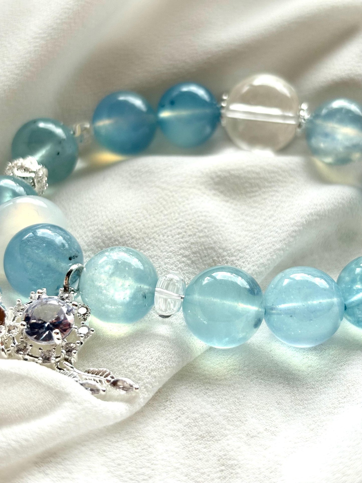 Sky Blue Aquamaire & Clear Quartz Bracelet with Dream Catcher Charm