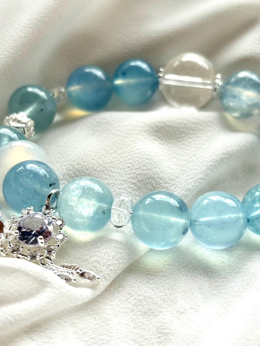 Sky Blue Aquamaire & Clear Quartz Bracelet with Dream Catcher Charm