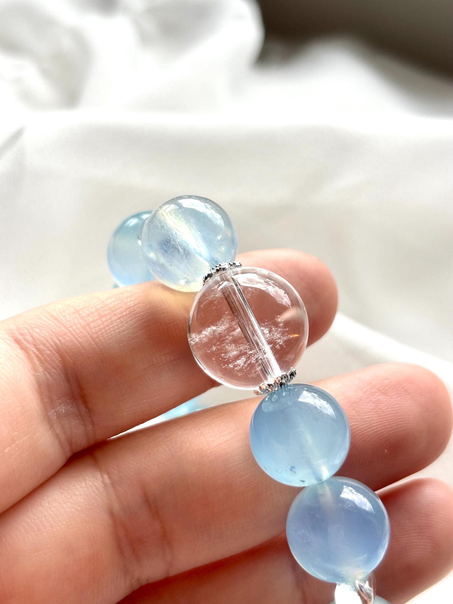 Sky Blue Aquamaire & Clear Quartz Bracelet with Dream Catcher Charm
