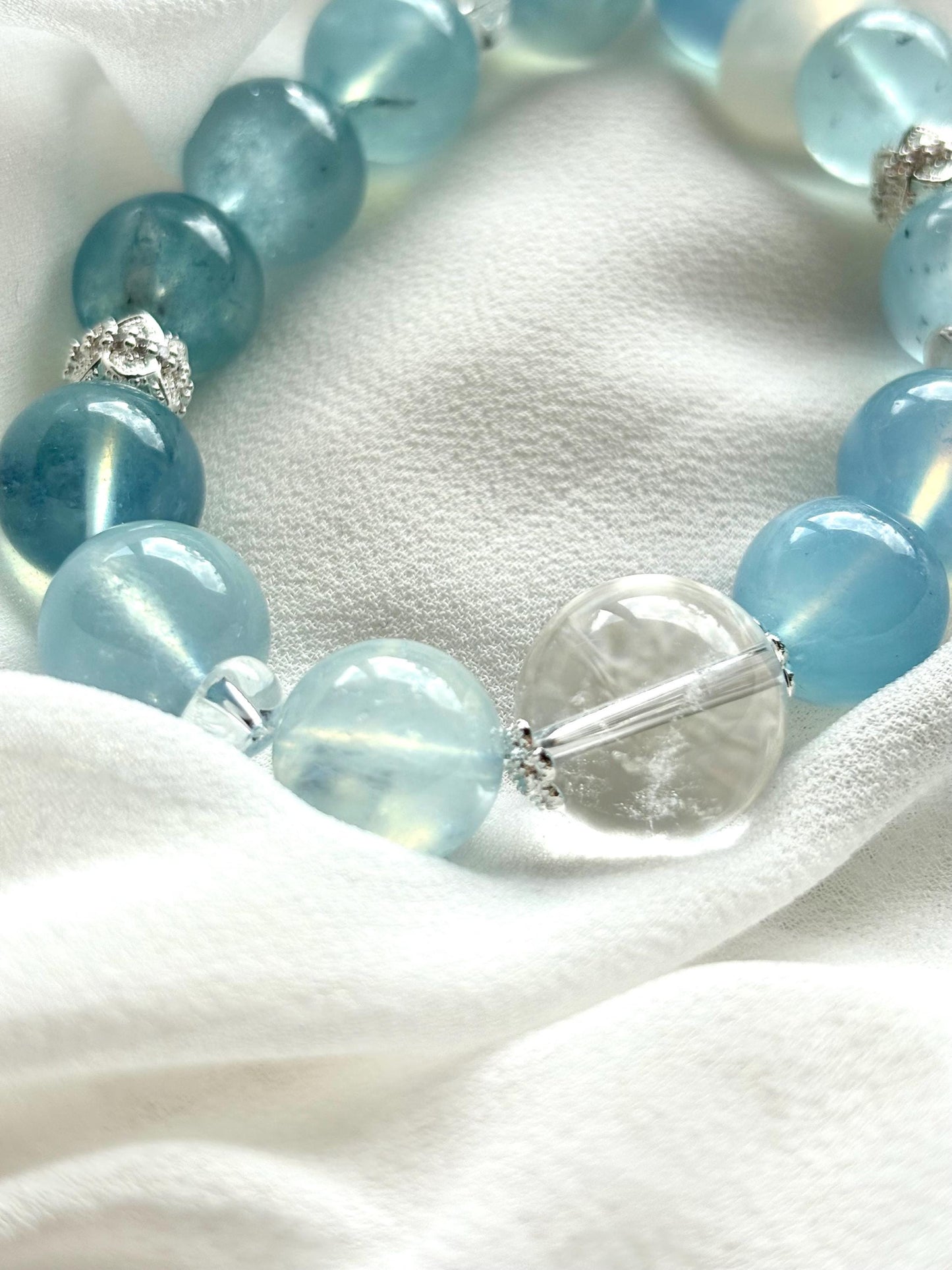 Sky Blue Aquamaire & Clear Quartz Bracelet with Dream Catcher Charm