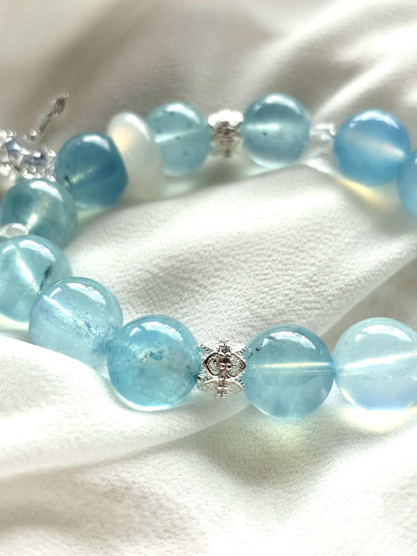 Sky Blue Aquamaire & Clear Quartz Bracelet with Dream Catcher Charm