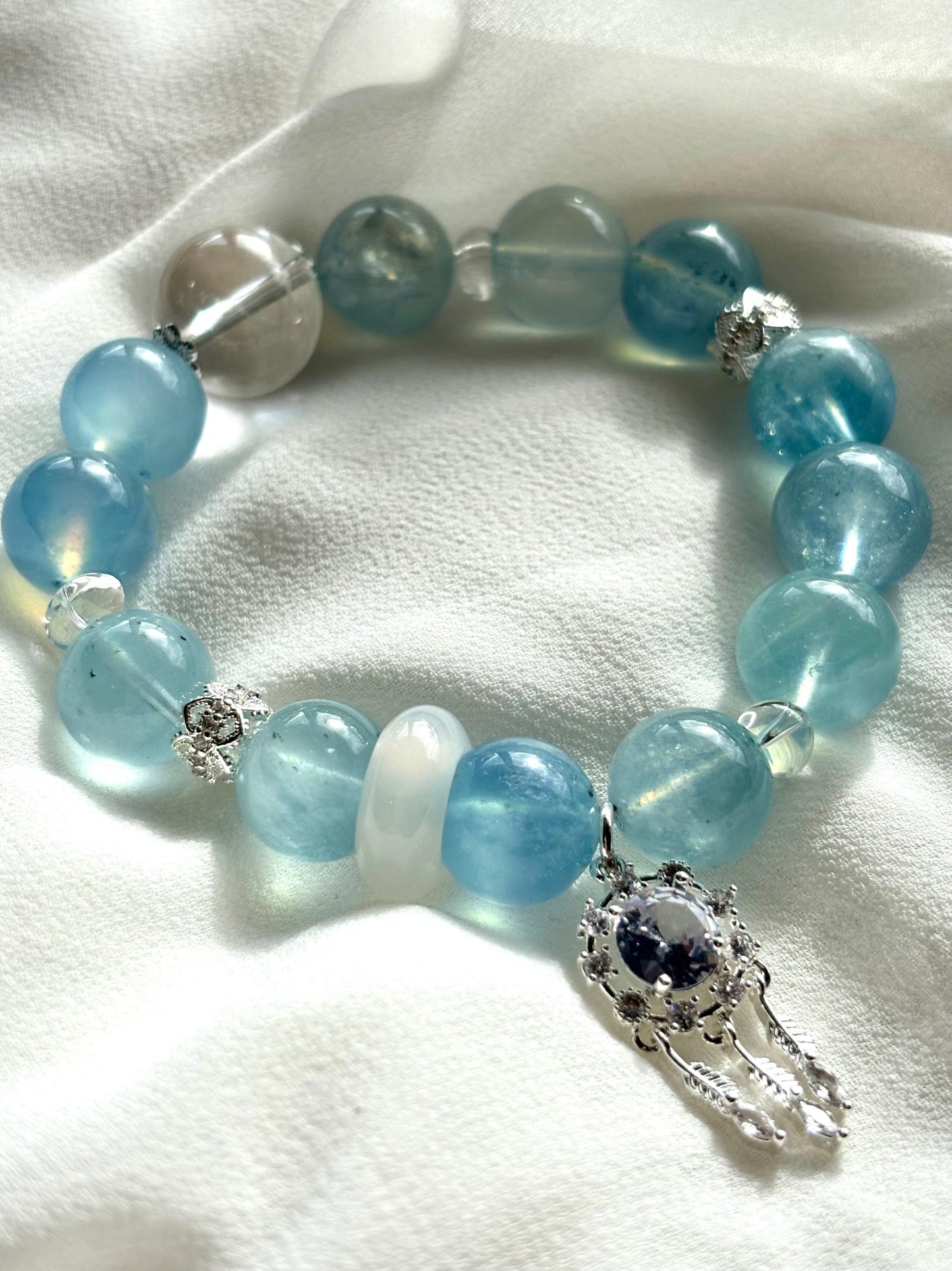 Sky Blue Aquamaire & Clear Quartz Bracelet with Dream Catcher Charm