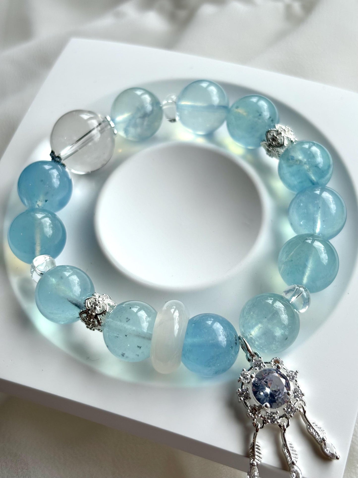 Sky Blue Aquamaire & Clear Quartz Bracelet with Dream Catcher Charm