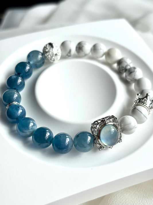 Navy Blue Aquamaire & Magnesite Stone Bracelet with Aquamarine and Crown Charms
