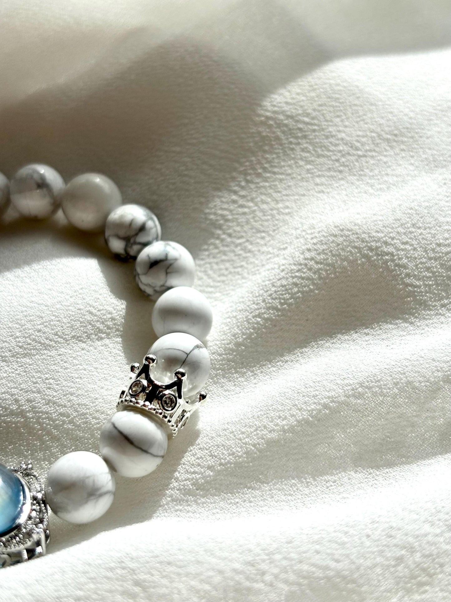 Navy Blue Aquamaire & Magnesite Stone Bracelet with Aquamarine and Crown Charms