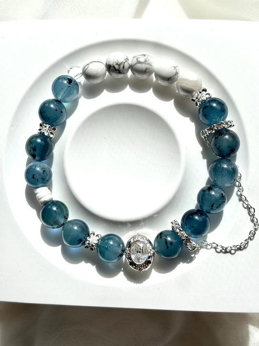 Ocean Dreams Bracelet – Navy Blue Aquamarine, Magnesite, Shell, and Aquamarine Charm
