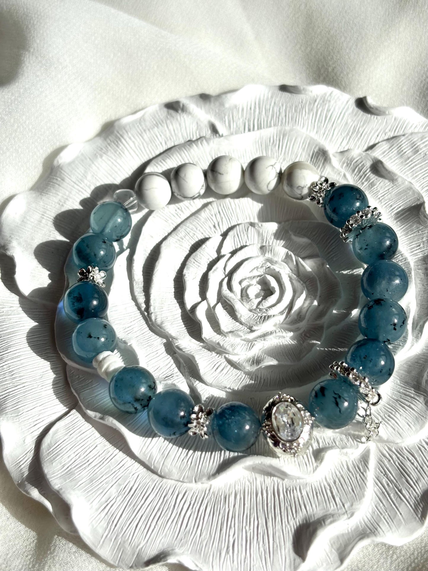 Ocean Dreams Bracelet – Navy Blue Aquamarine, Magnesite, Shell, and Aquamarine Charm