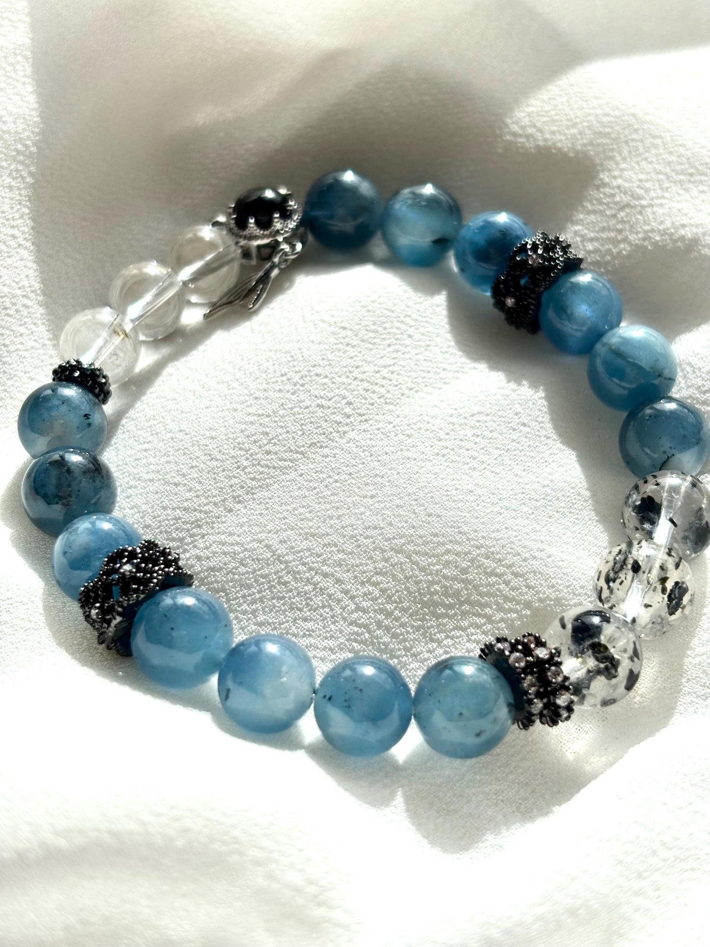 Aquamaire, Clear Quartz & Black Mica Bracelet with Gold Fish Charm – Handmade Silver Obsidian Gemstone Jewelry