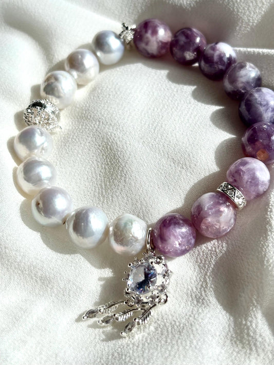 Elegant White Pearl & Milky Amethyst Bracelet with Dreamcatcher Sparkle Accents