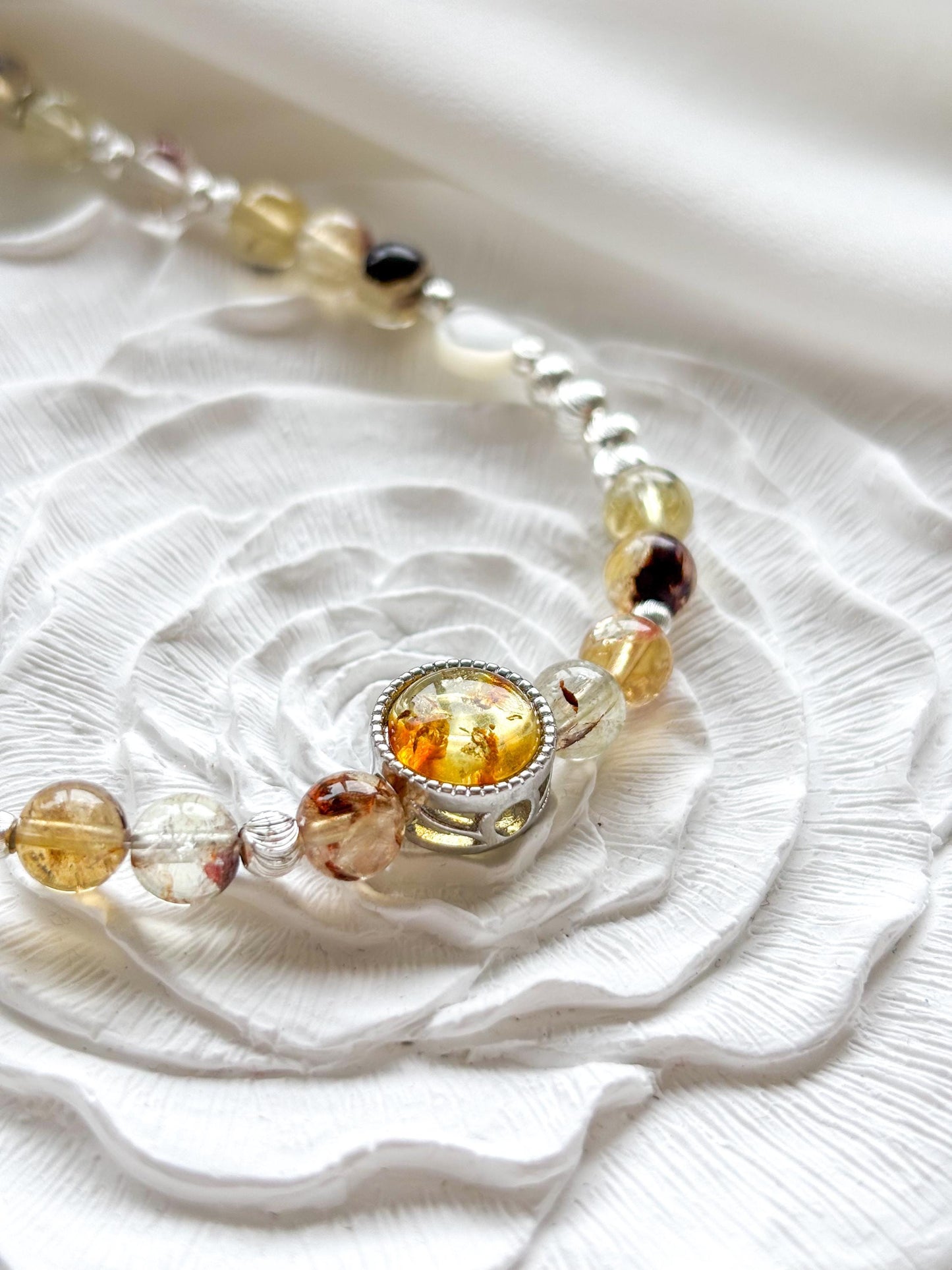 Vermont Autumn Crystal Necklace – Amber, Phantom Quartz & Pearl Beaded Necklace – 45cm Handmade Healing Jewelry