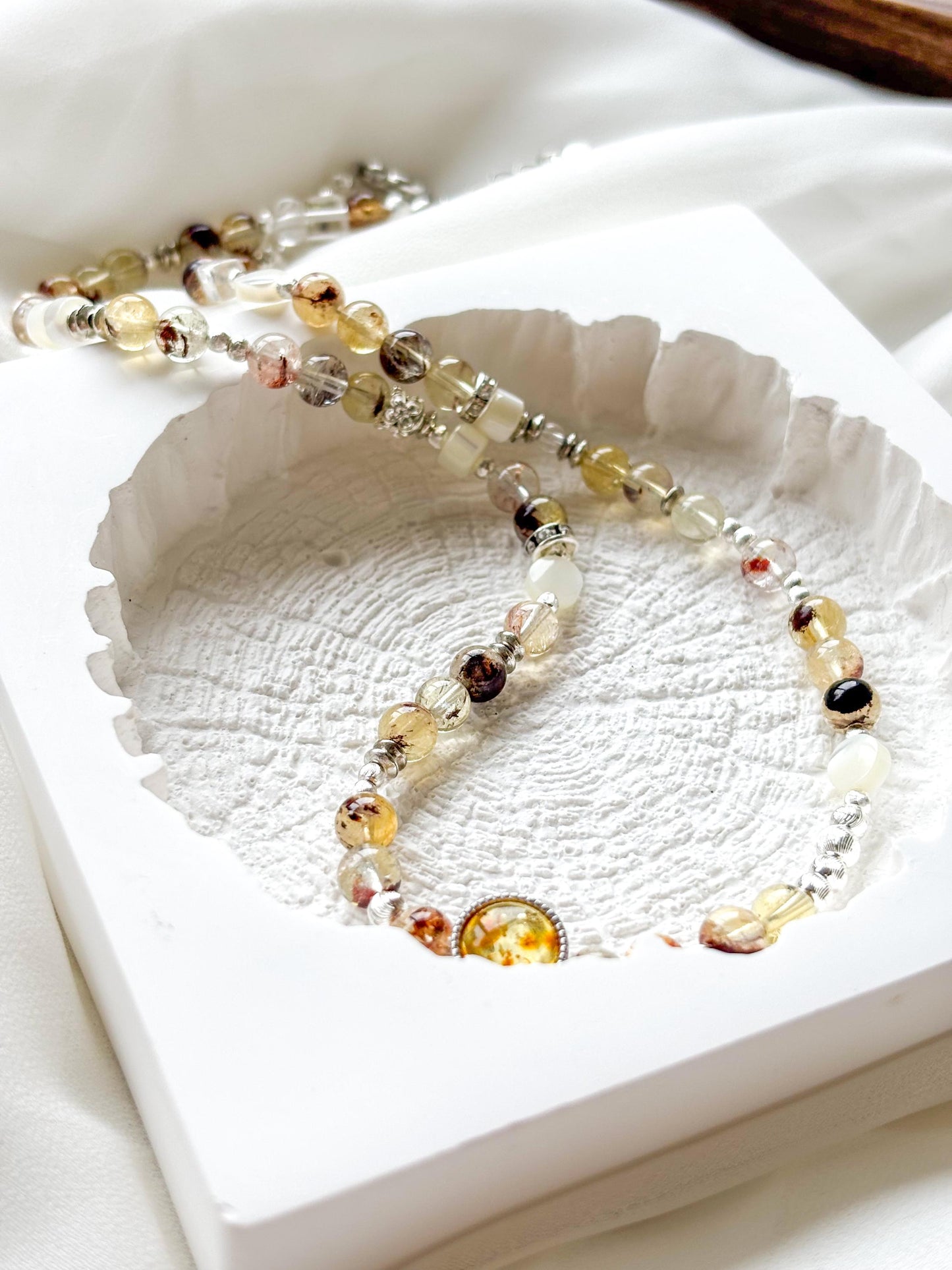 Vermont Autumn Crystal Necklace – Amber, Phantom Quartz & Pearl Beaded Necklace – 45cm Handmade Healing Jewelry