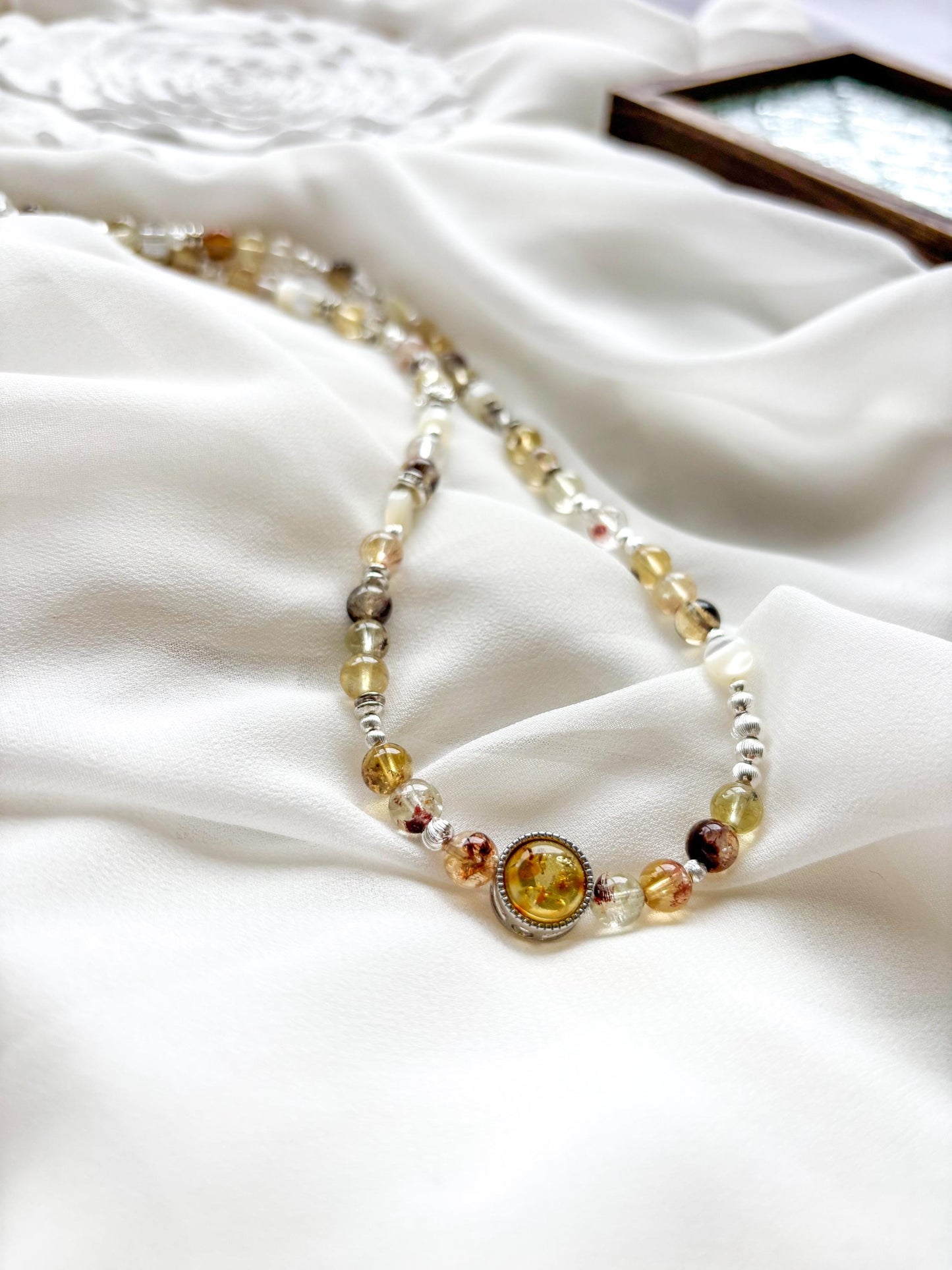 Vermont Autumn Crystal Necklace – Amber, Phantom Quartz & Pearl Beaded Necklace – 45cm Handmade Healing Jewelry