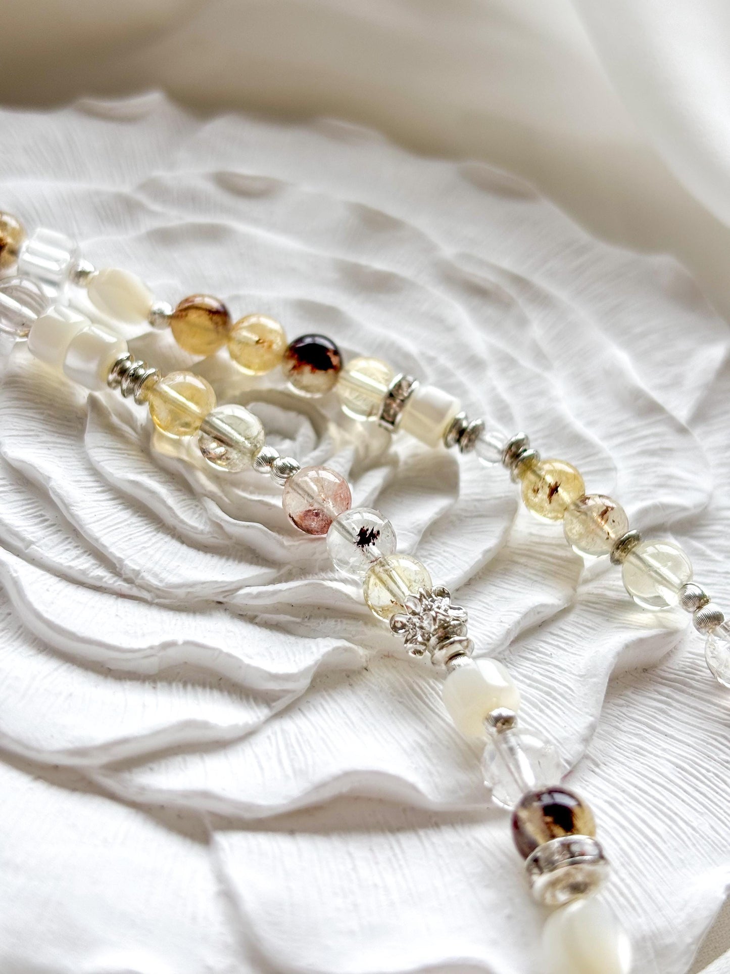 Vermont Autumn Crystal Necklace – Amber, Phantom Quartz & Pearl Beaded Necklace – 45cm Handmade Healing Jewelry