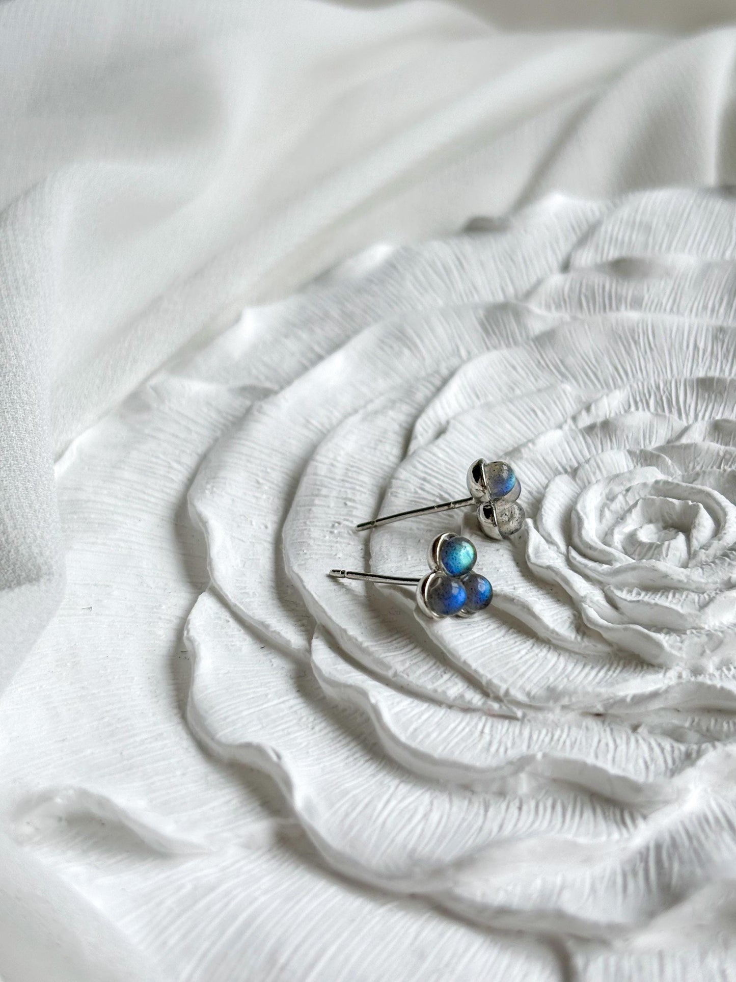 Triple Labradorite Minimalist Stud Earrings – Grey with Blue Flash – Sterling Silver Pins