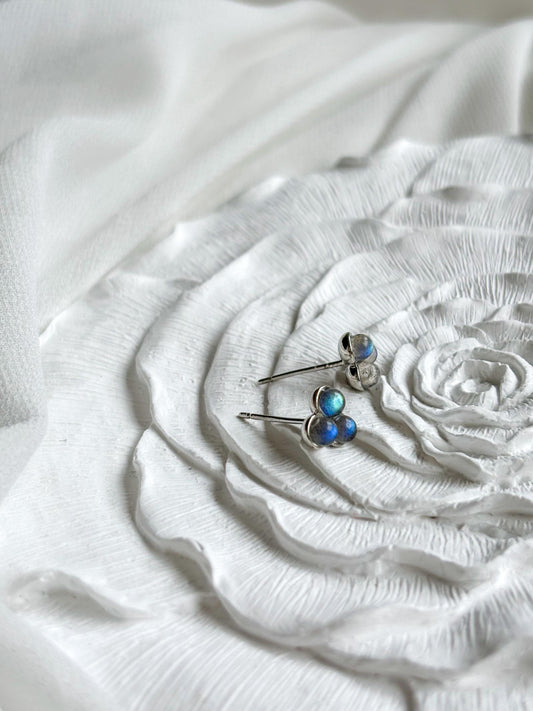 Triple Labradorite Minimalist Stud Earrings – Grey with Blue Flash – Sterling Silver Pins